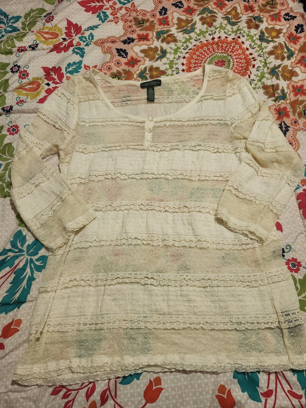 Lauren Jeans Co. Light Cream Lace-Trim Scoop Neck Top